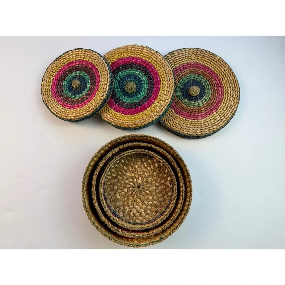Vintage Woven Straw Nesting Baskets Set of 3 Lidded Boho Decor 1970s Striped